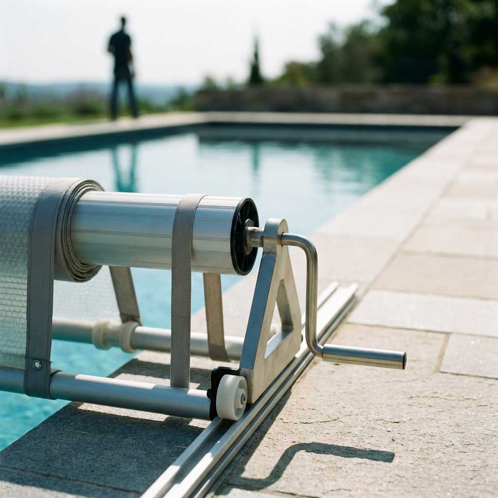 Das Bild zeigt ein Aufrollsystem für Poolabdeckungen mit einer Kurbel zum Einziehen der Poolabdeckung.