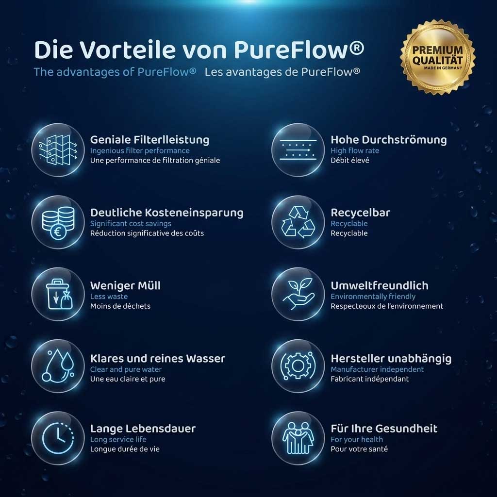 Eine Infografik, die zehn technische Vorteile von PureFlow-Filtermedien auf dunkelblauem Hintergrund auflistet.