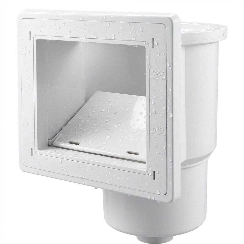 Weißer Poolskimmer mit Wassertropfen und einstellbarer Durchflussanzeige.