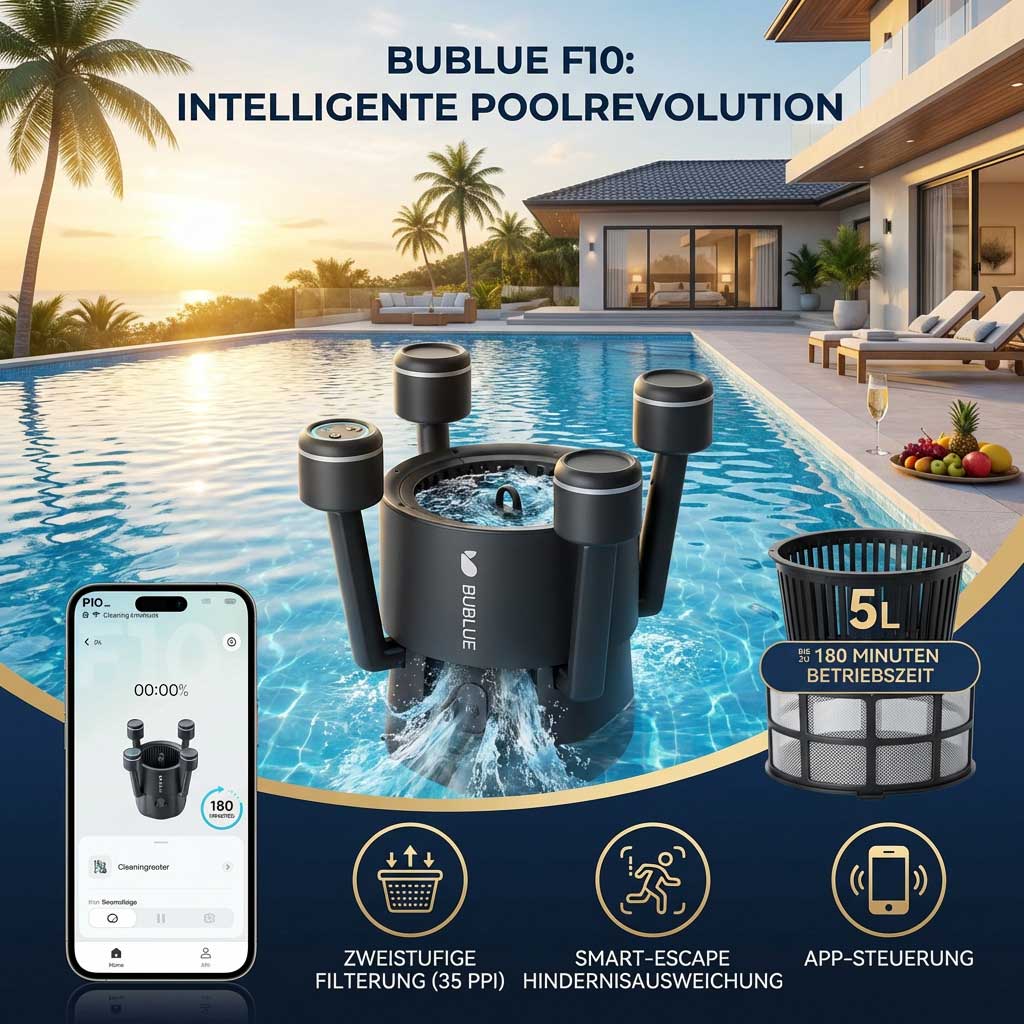 Ein schwarzer Poolreiniger-Roboter mit vier Armen reinigt aktiv ein Schwimmbad.