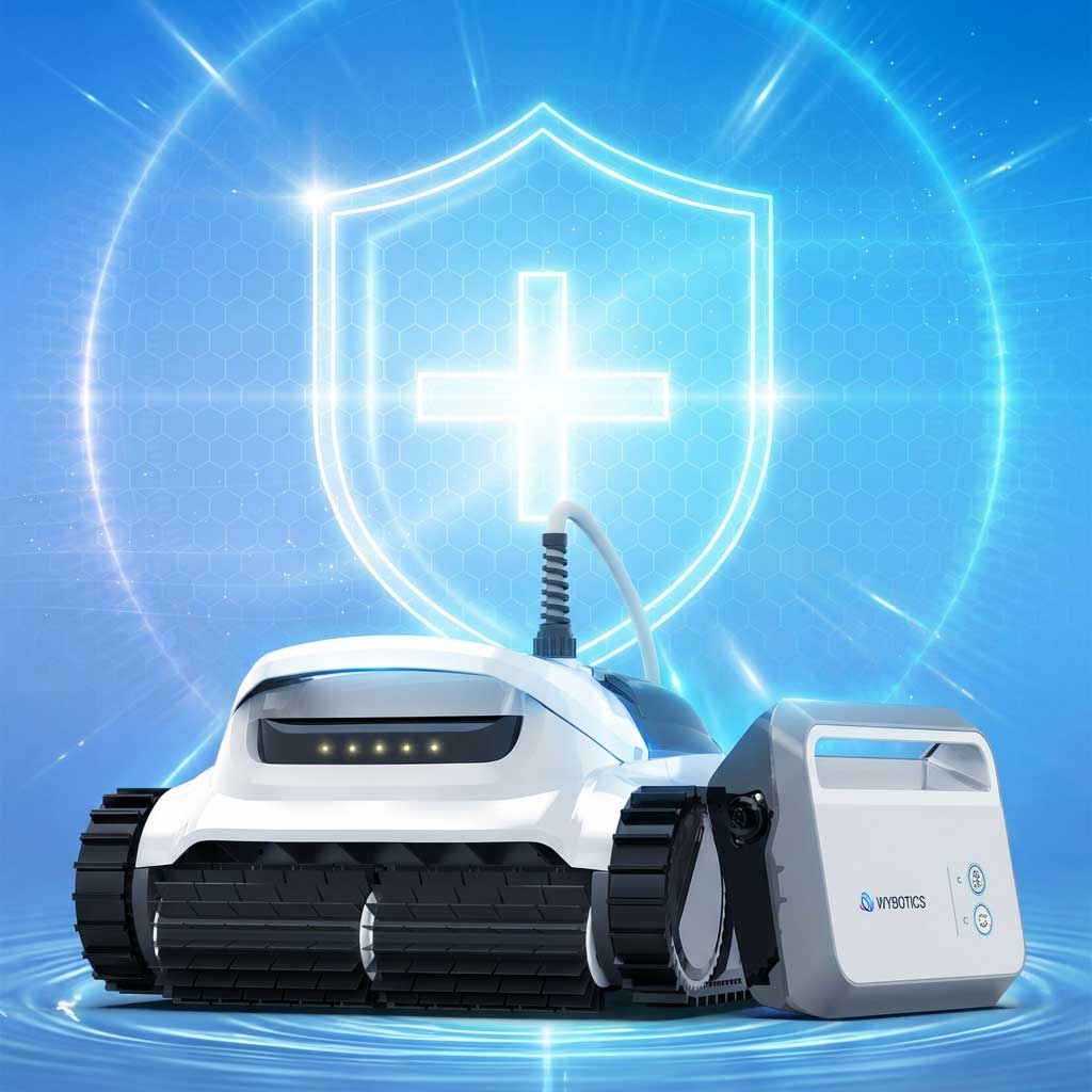 Automatisierter Poolreiniger mit Steuereinheit und Schutzschildgrafik.