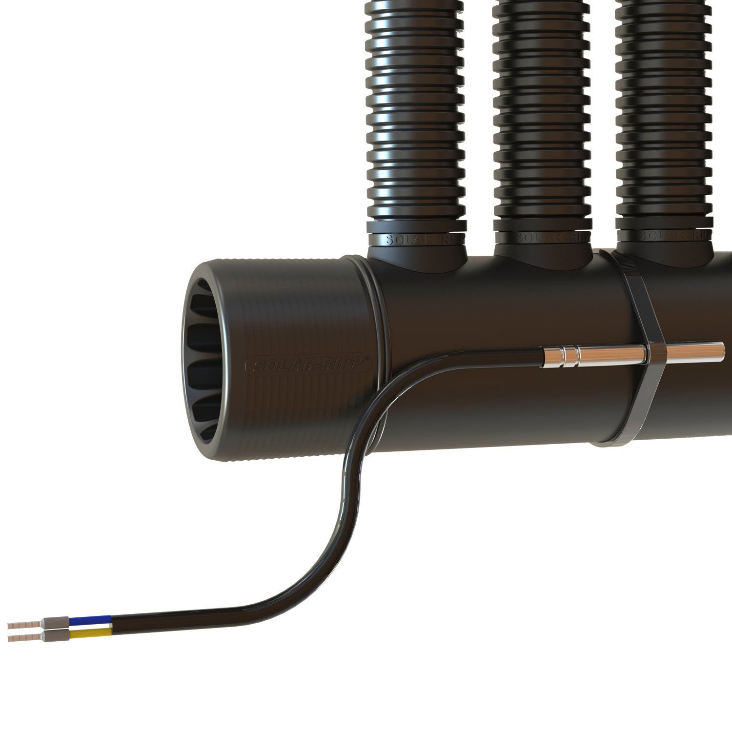 Nahaufnahme der Solarripp-Solarpoolheizungskomponente mit elektrischen Leitungen und Wellrohren.