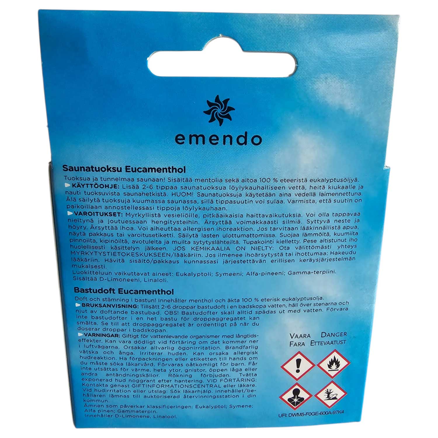 Die Rückseite einer blauen Produktverpackung mit Text und Gefahrensymbolen.