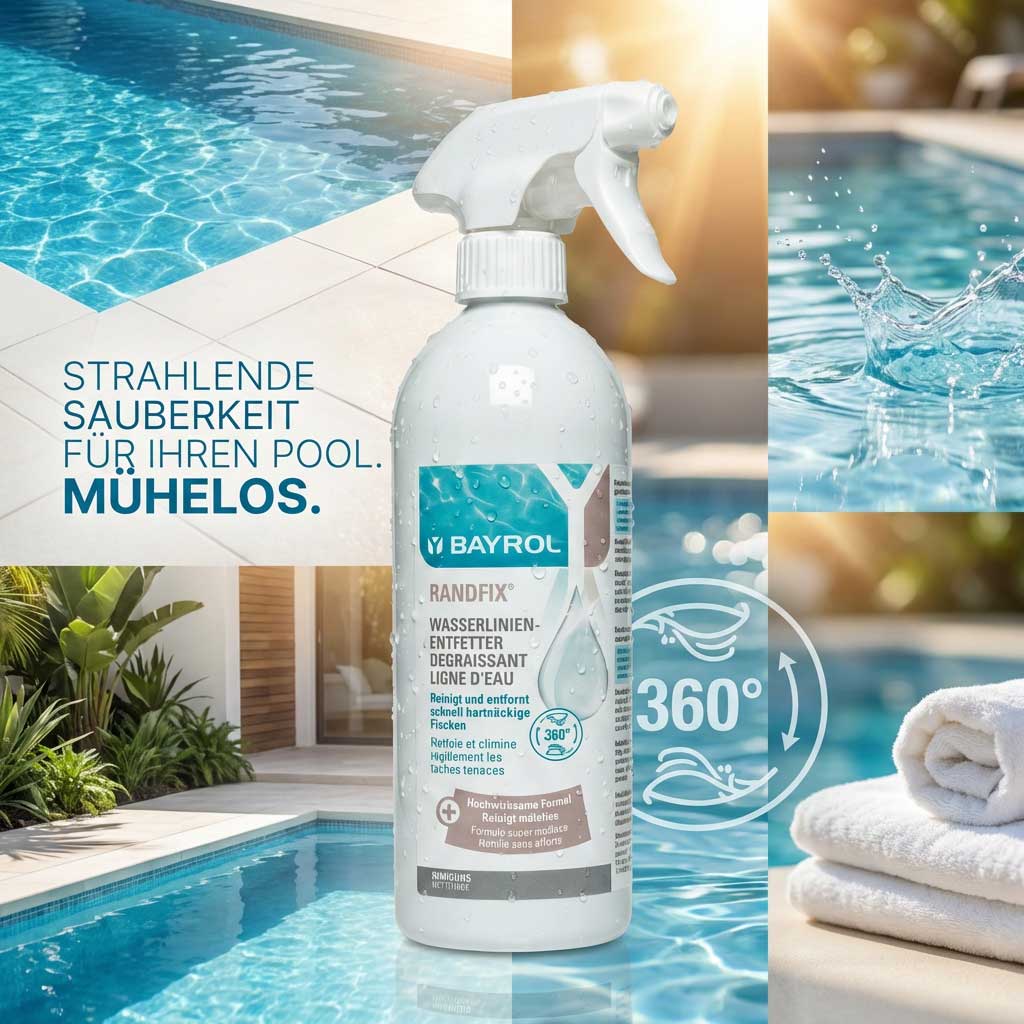 Poolreinigungssprühflasche neben einem Schwimmbad mit klarem Wasser.