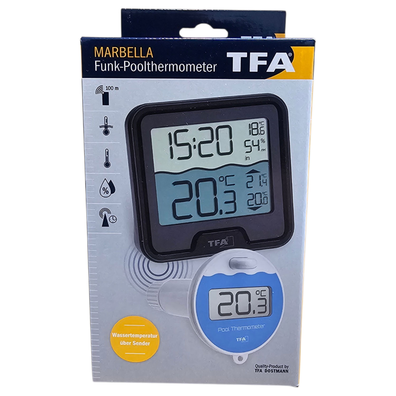 Ein kabelloses Poolthermometer mit digitaler Anzeigeeinheit und schwimmendem Wassertemperatursensor.