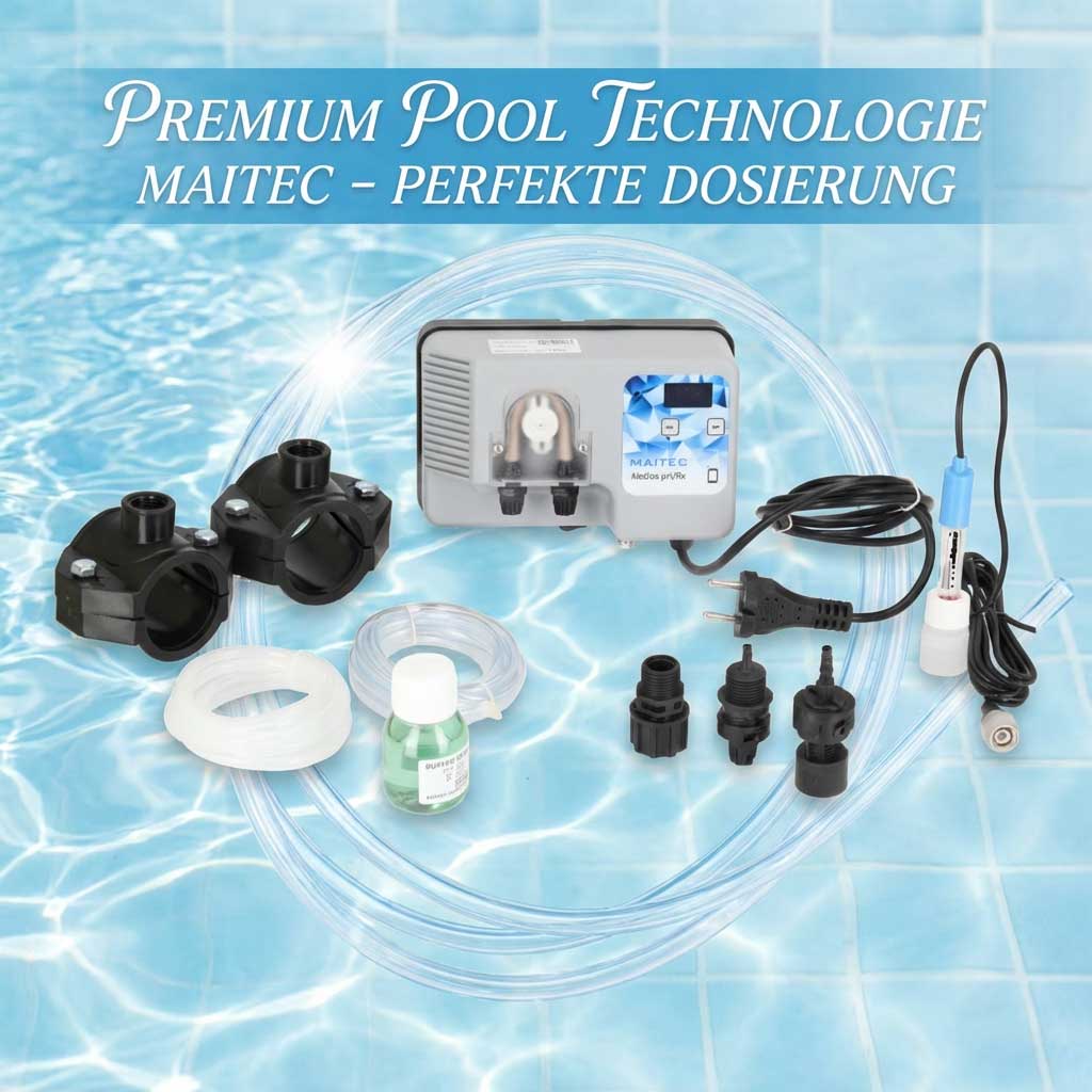 Komponenten des Pool-Dosiersystems, einschließlich Pumpe, Schläuche und Anschlüsse.