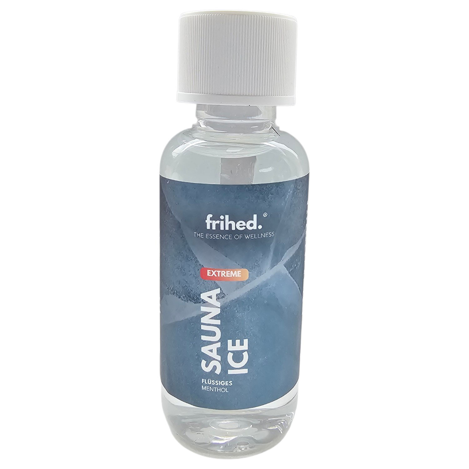 Eine durchsichtige Plastikflasche mit flüssigem Menthol-Saunaeis von Frihed mit weißem Schraubverschluss.