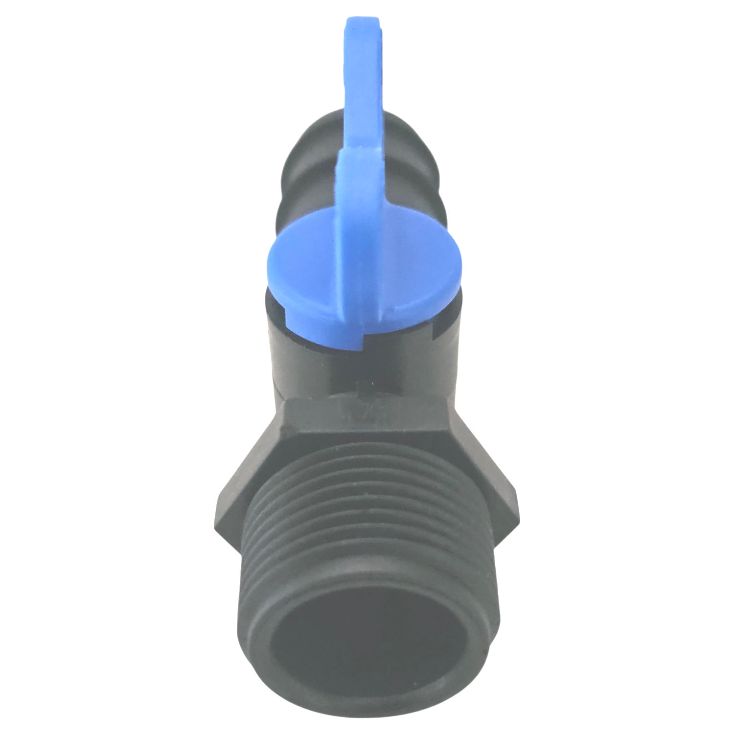 Schwarzer Gewindeanschluss mit blauem Hebel zur Steuerung des Wasserdurchflusses.