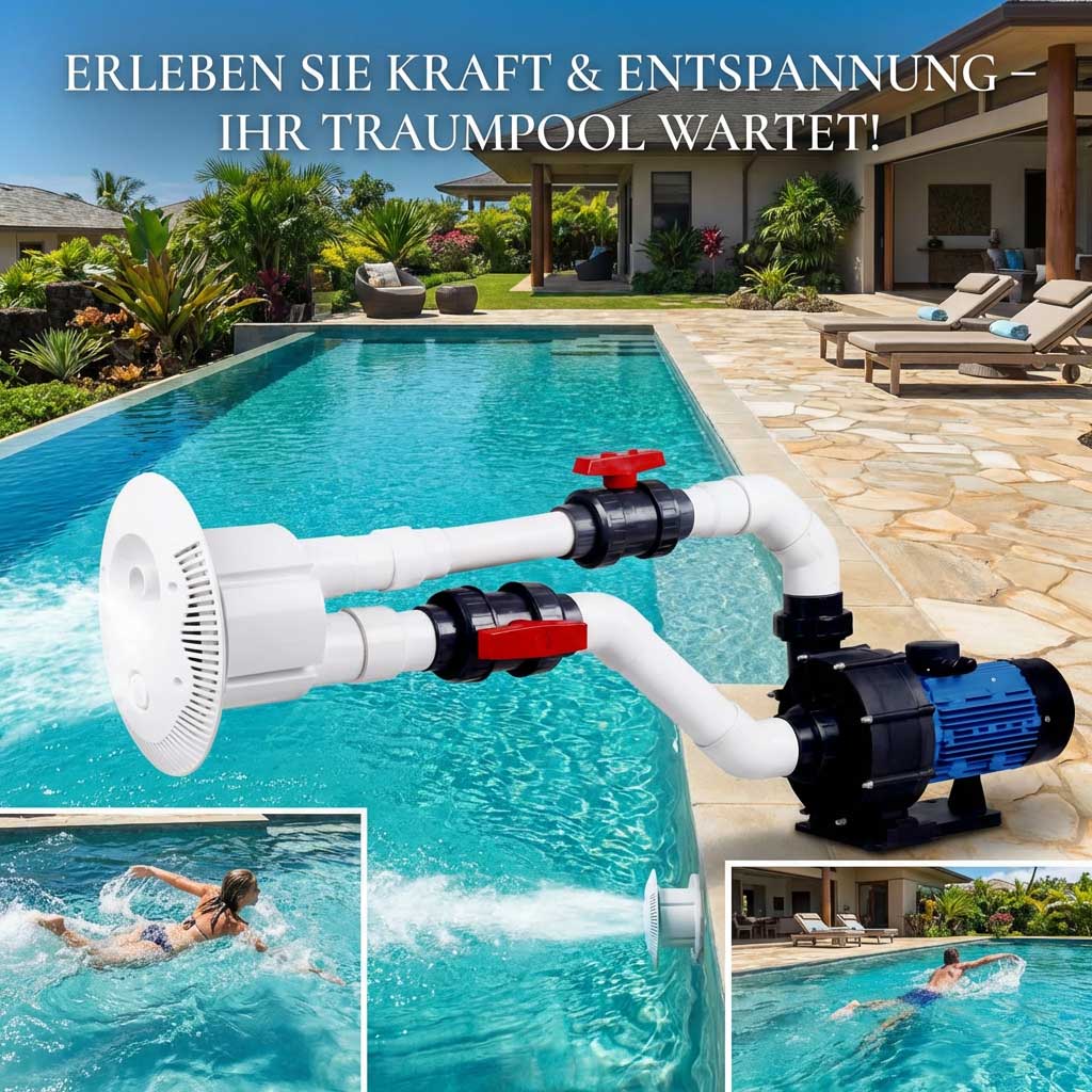 Rechteckiger Pool mit Poolpumpe und Düseninstallation.