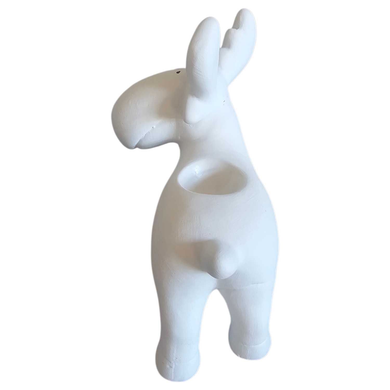 Eine weiße Elchfigur aus Keramik mit einer hohlen Öffnung auf der Rückseite zum Aufbewahren kleiner Gegenstände.