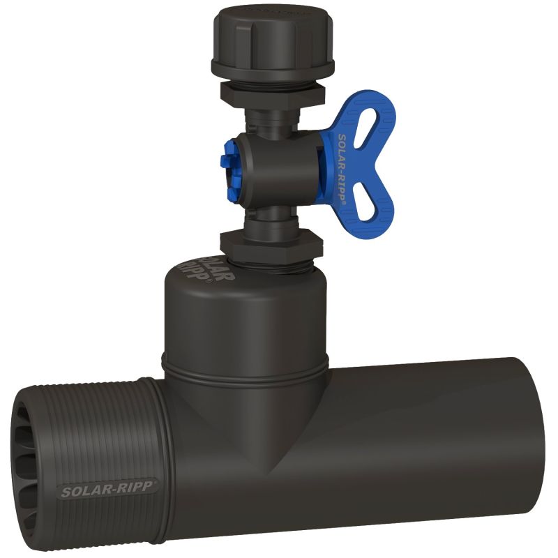 Nahaufnahme eines schwarzen Solar-Ripp-Ventils mit blauem Griff, das zur Steuerung des Flüssigkeitsflusses verwendet wird.