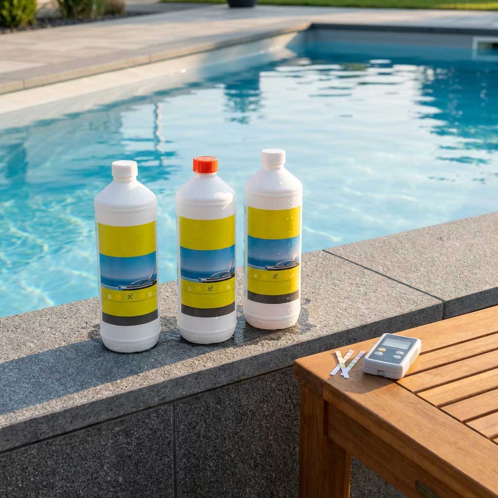 Das Bild zeigt Poolchemikalien, ein Testkit und Teststreifen auf einem Felsvorsprung in der Nähe eines Schwimmbades.