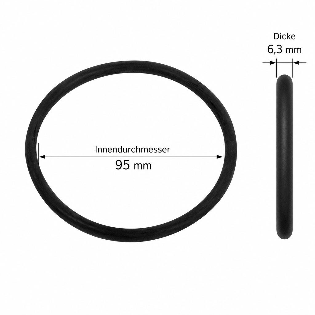 Schwarzer Gummiring mit einem Innendurchmesser von 95 mm und einer Dicke von 6,3 mm.