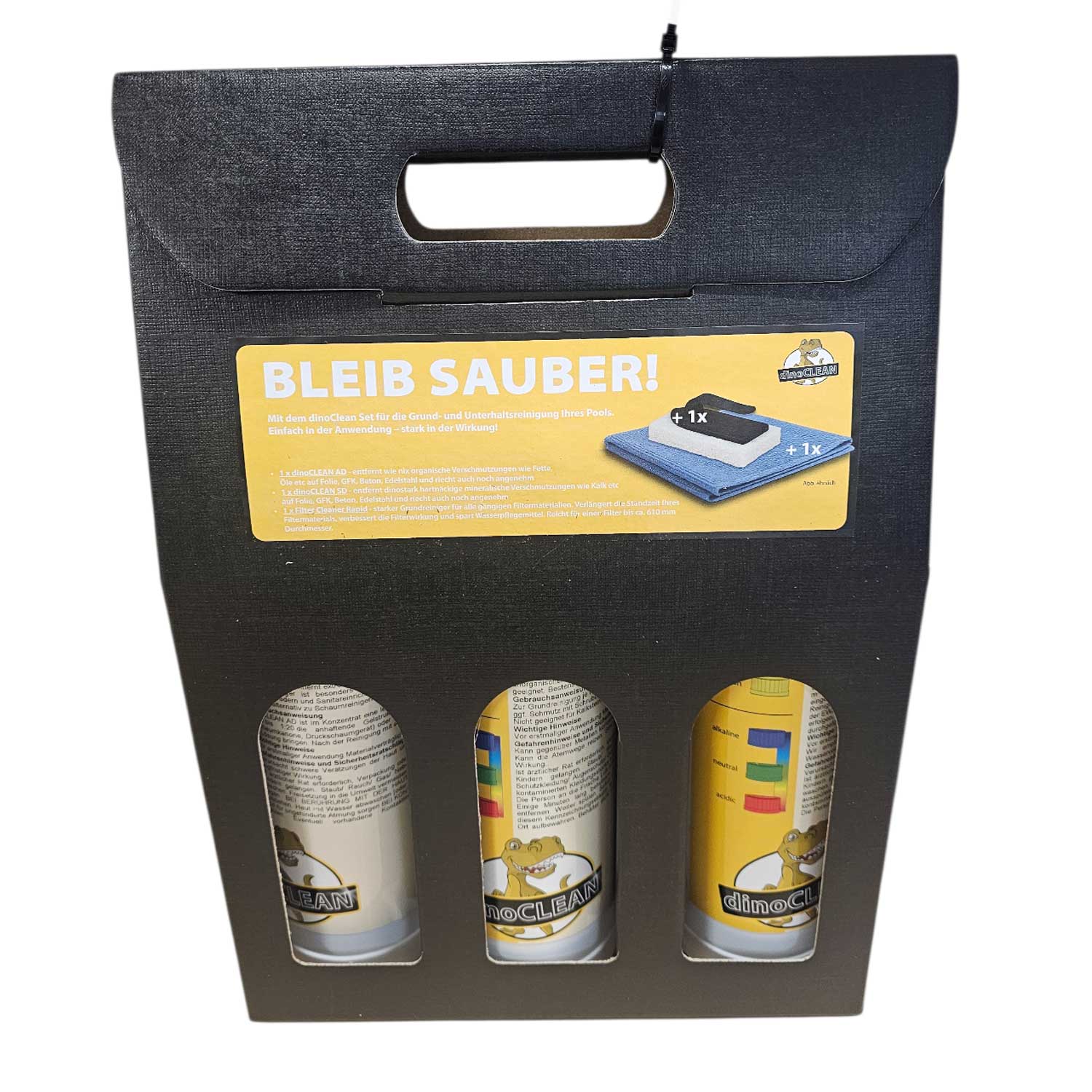 Set mit drei Poolreinigungsprodukten in schwarzer Verpackung.