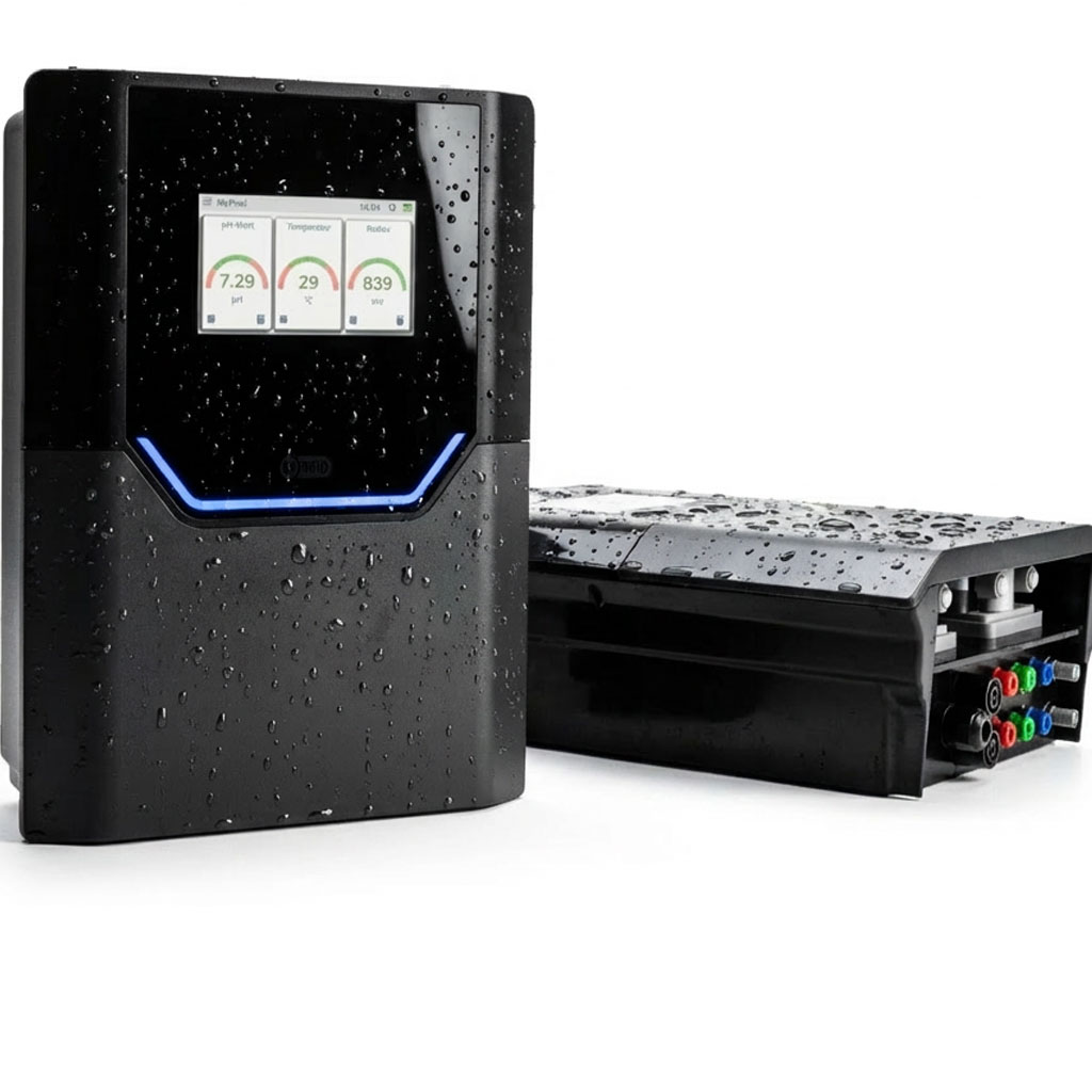 Digitale Poolsteuereinheit mit Touchscreen und Wassertropfen auf der Oberfläche.