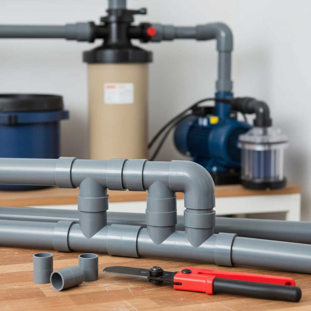 Pool-Sanitärsystem mit PVC-Rohren, Anschlüssen, Filter, Pumpe und Schneidwerkzeug.