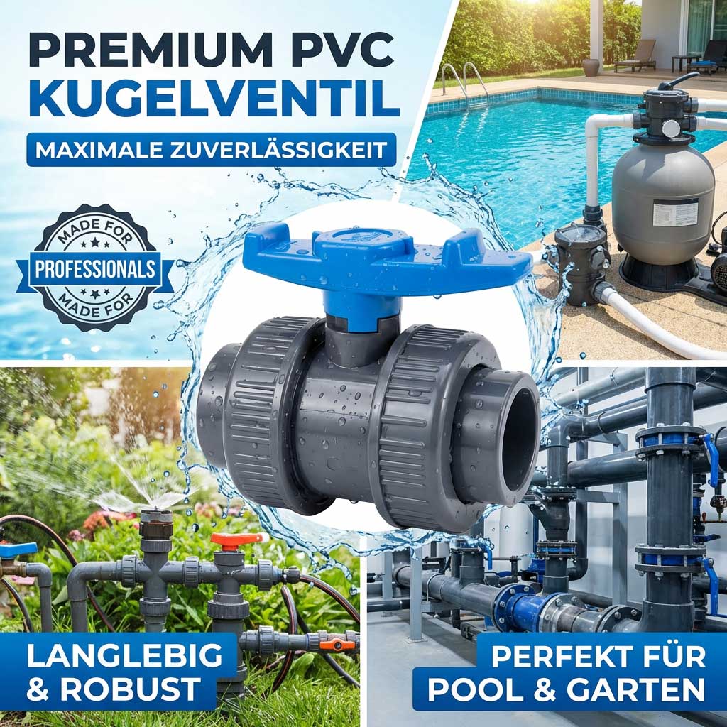 Premium-PVC-Kugelhahn für die Pool- und Gartenwasserverwaltung.