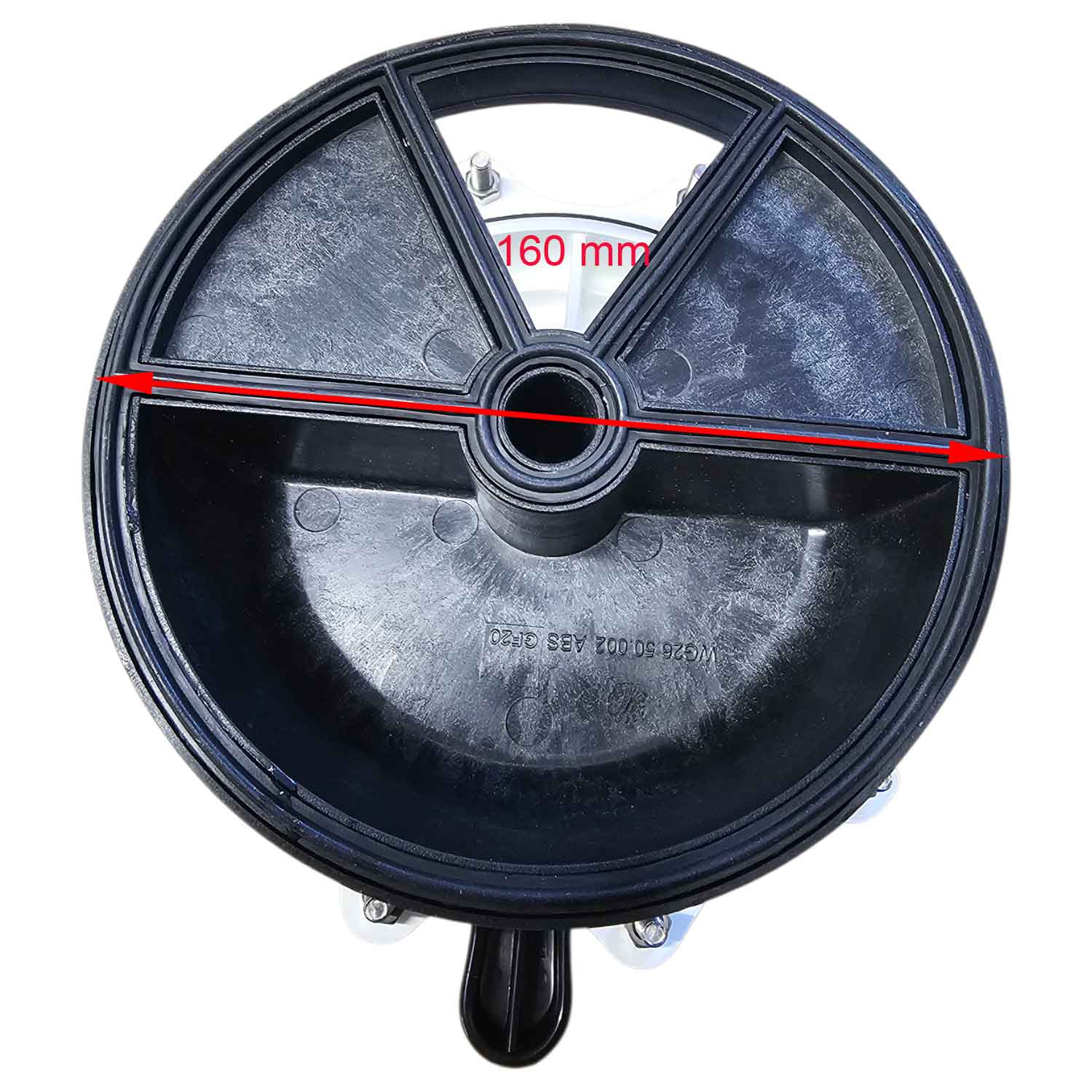 Draufsicht auf eine runde schwarze Poolabdeckung mit einer Öffnung von 160 mm Durchmesser.