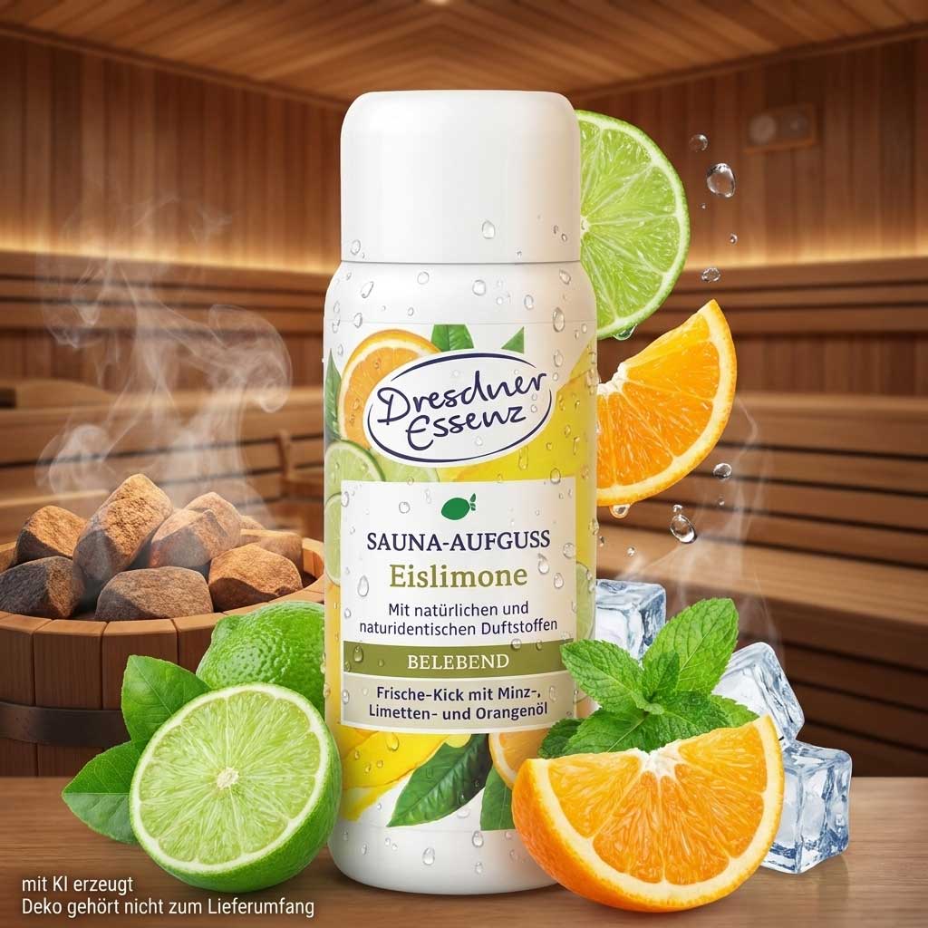 Eine Flasche Saunaaufguss mit Limetten- und Orangenduft steht auf einer Holzoberfläche.