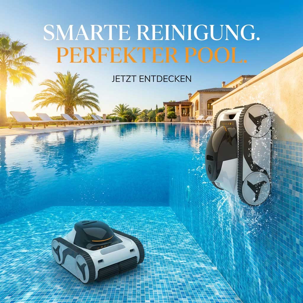 Roboter-Poolreiniger in einem blau gefliesten Schwimmbad.