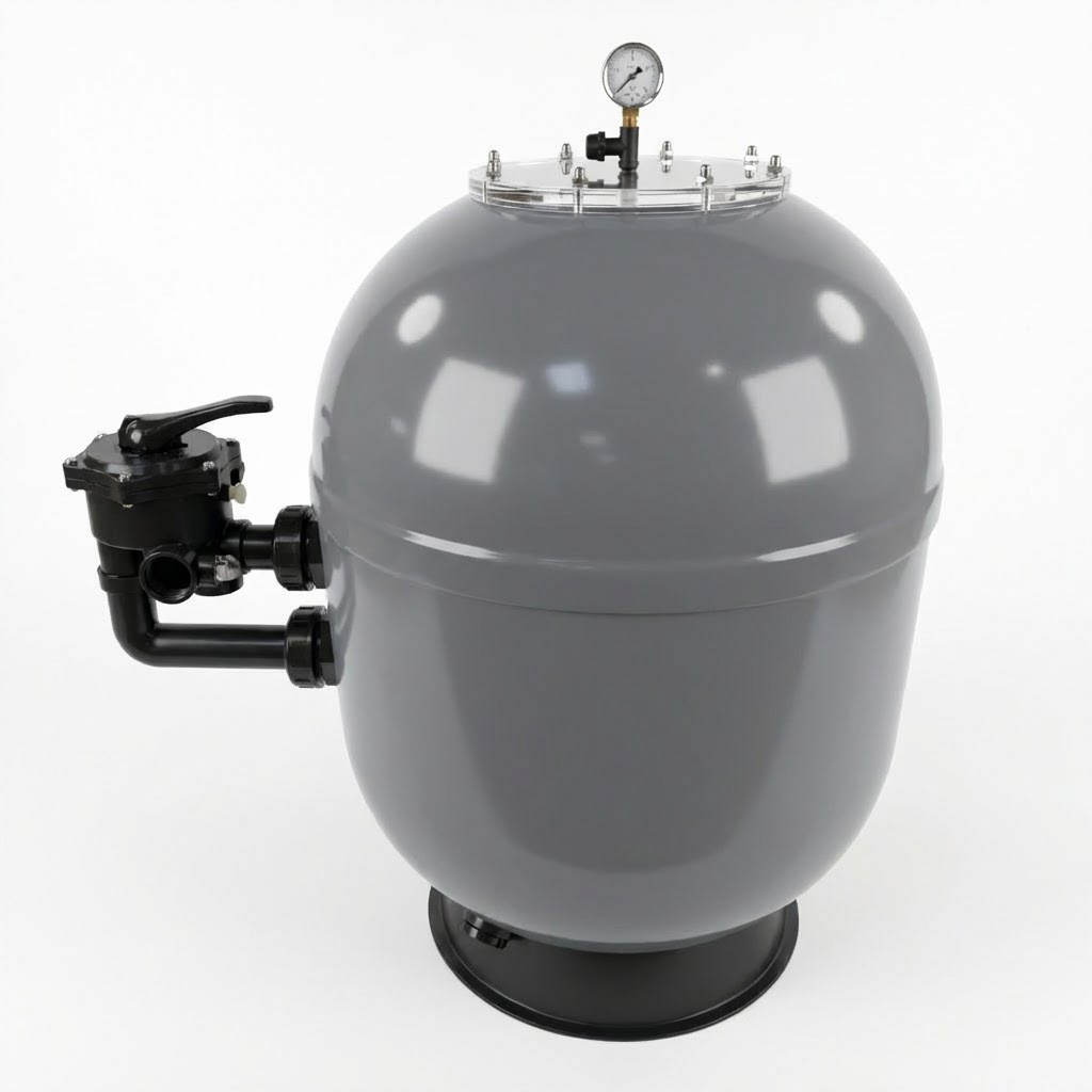 Grauer Sandfilter für Schwimmbad mit Manometer.