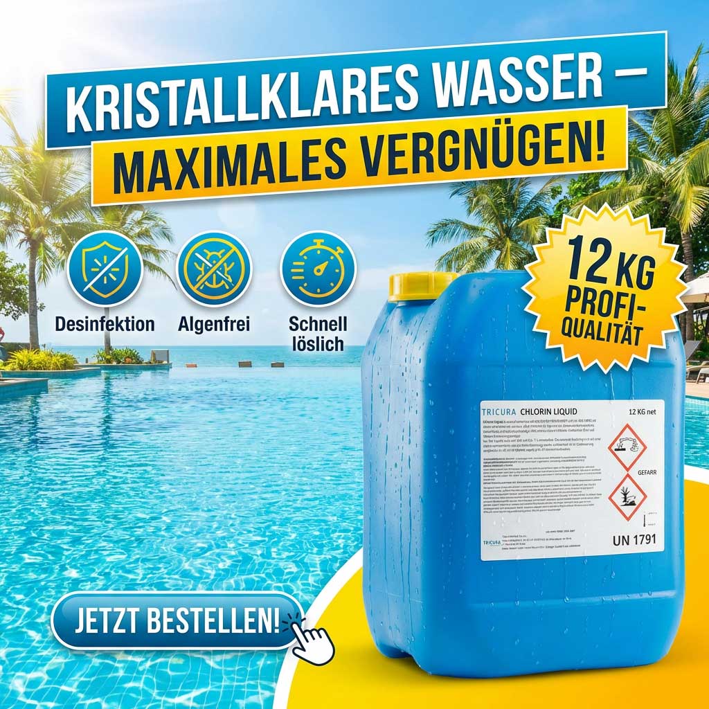 Blauer Chlorflüssigkeitsbehälter zur Pooldesinfektion und Algenvorbeugung.