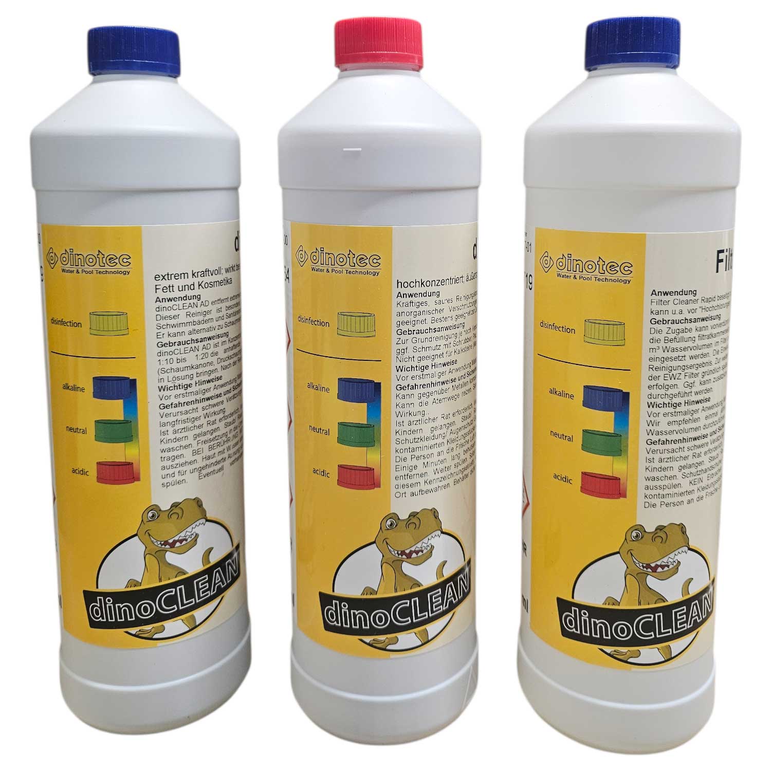 Drei Flaschen Reinigungsmittel mit verschiedenfarbigen Verschlüssen.