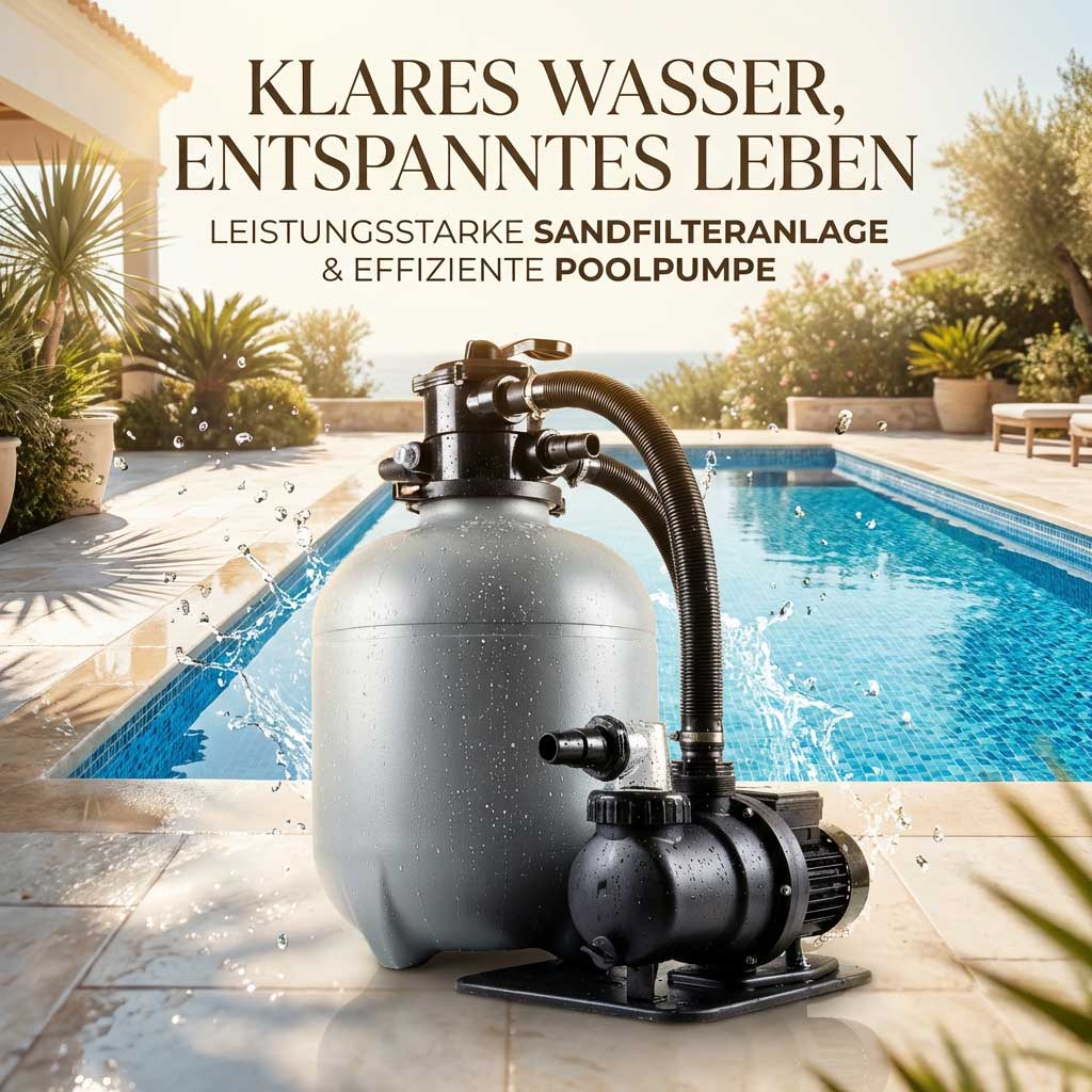 Sandfilteranlage und Poolpumpe neben einem Schwimmbecken.