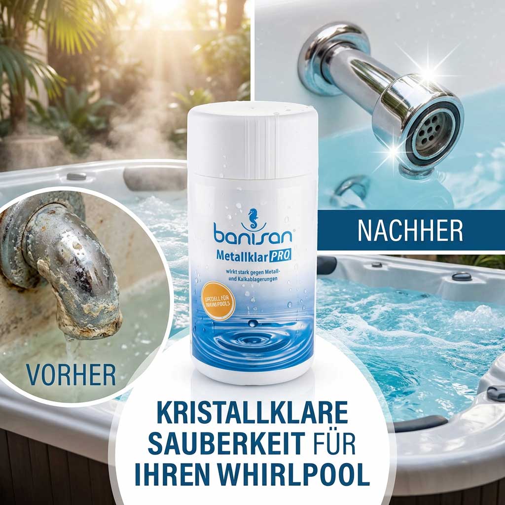 Whirlpool mit klarem Wasser und sichtbaren Düsen vor und nach der Behandlung.