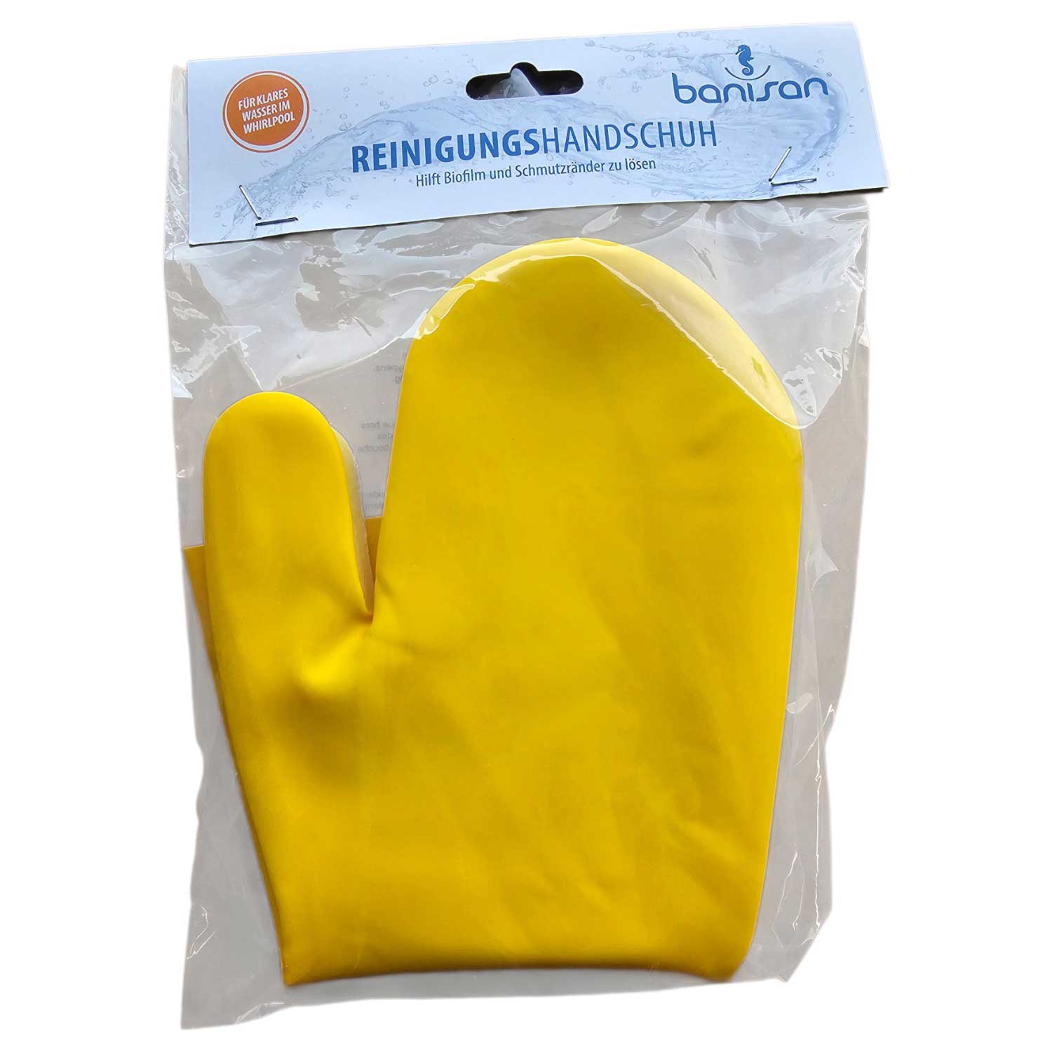 Ein gelber Reinigungshandschuh für Whirlpools, verpackt in einer durchsichtigen Plastiktüte mit einer Kopfkarte.