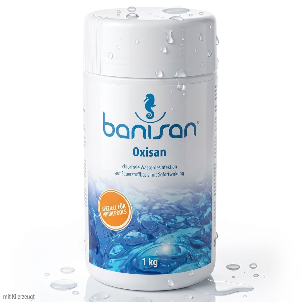 Ein weißer Plastikbehälter mit Wasserdesinfektionsmittel Banisan Oxisan mit Wassertropfen auf der Oberfläche.