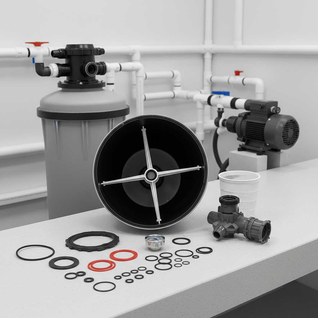 Das Bild zeigt zerlegte Komponenten des Poolfiltersystems, einschließlich Gehäuse, Pumpe und verschiedene Dichtungen.
