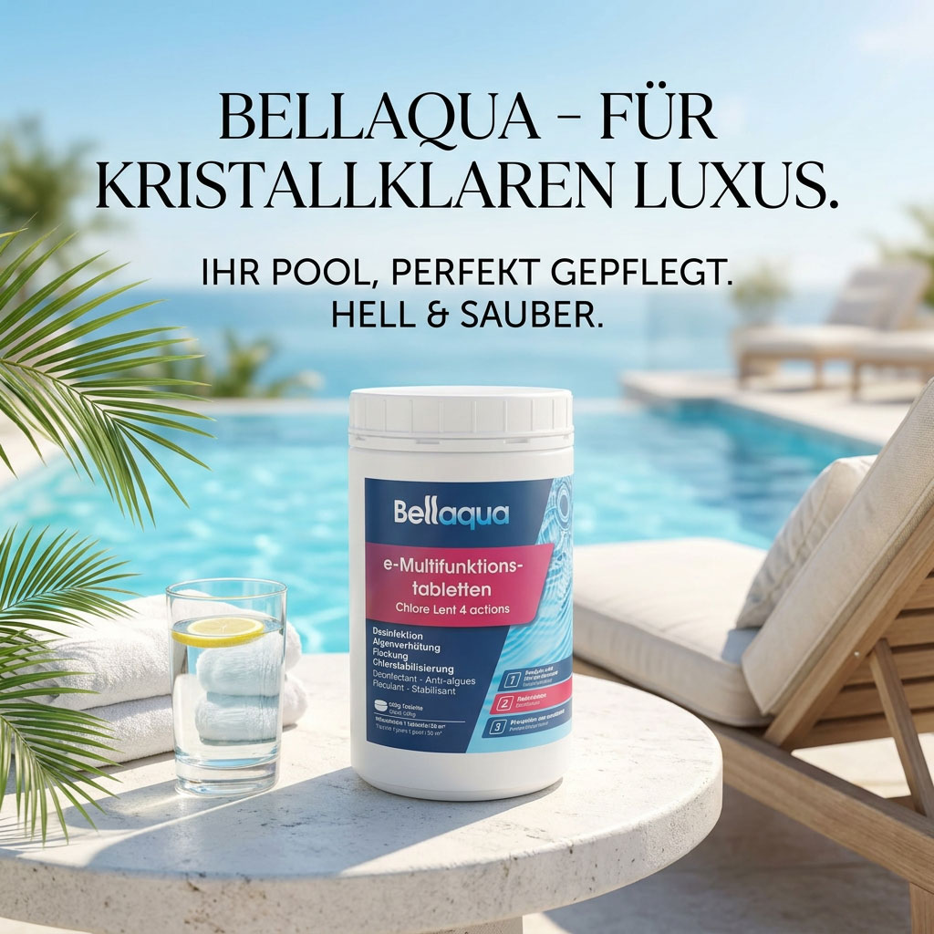 Behälter mit Multifunktionstabletten für die Poolpflege neben einem Pool.