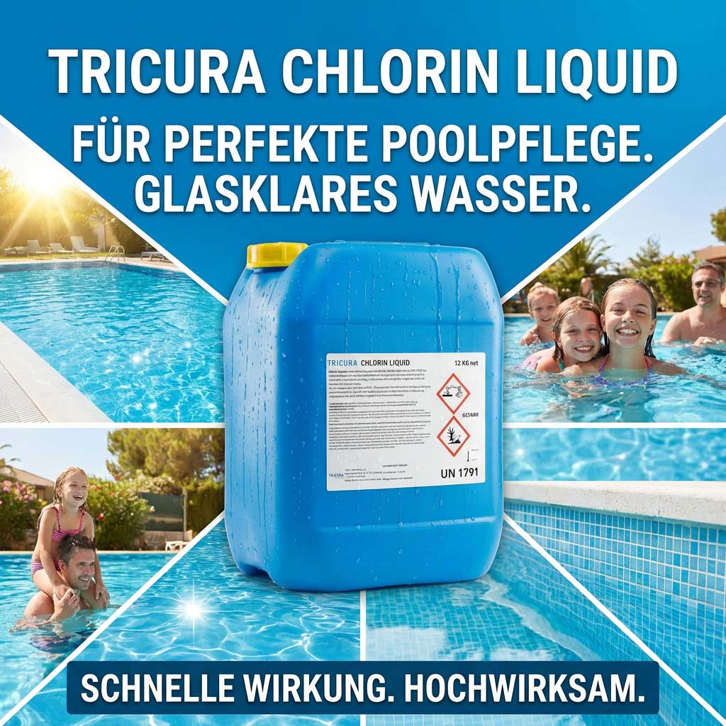 Blauer Chlorflüssigkeitsbehälter neben einem Schwimmbad mit klarem Wasser.