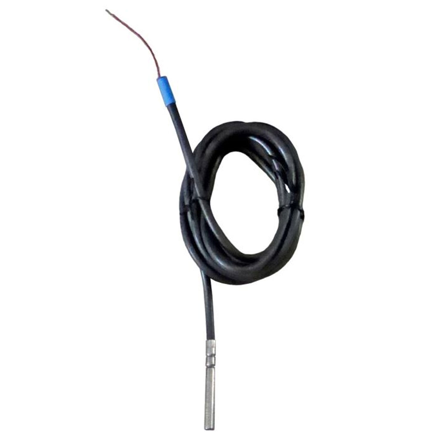 Schwarzes Spiralkabel mit freiliegendem Drahtende und Metallspitze.