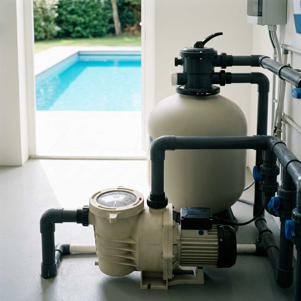 Das Bild zeigt ein Poolpumpen- und Filtersystem, einschließlich angeschlossener PVC-Rohre und Ventile.