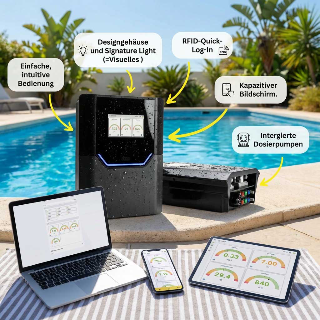 Poolmanagementsystem mit Touchscreen und integrierten Dosierpumpen.
