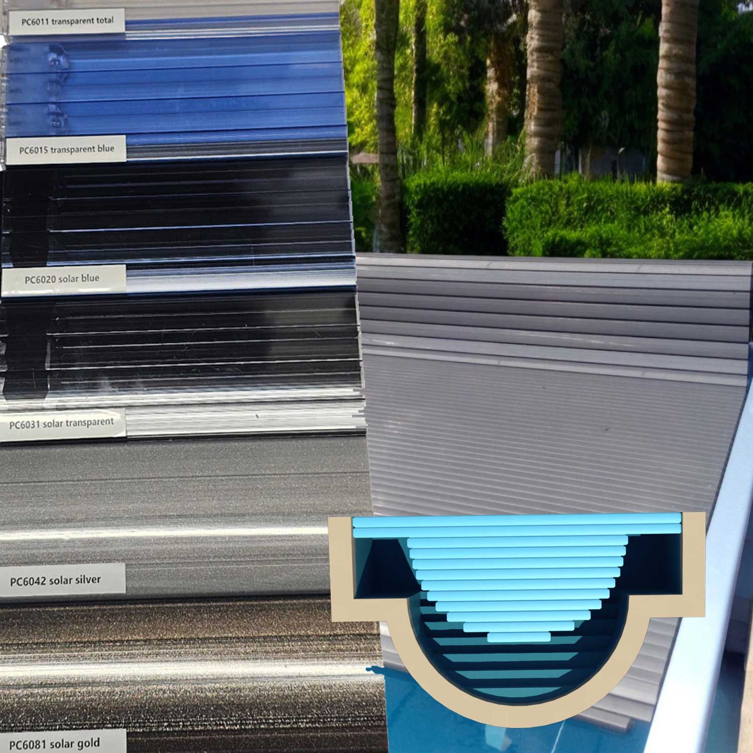 Lamellen Polycarbonat Rechteckbecken römische Treppe