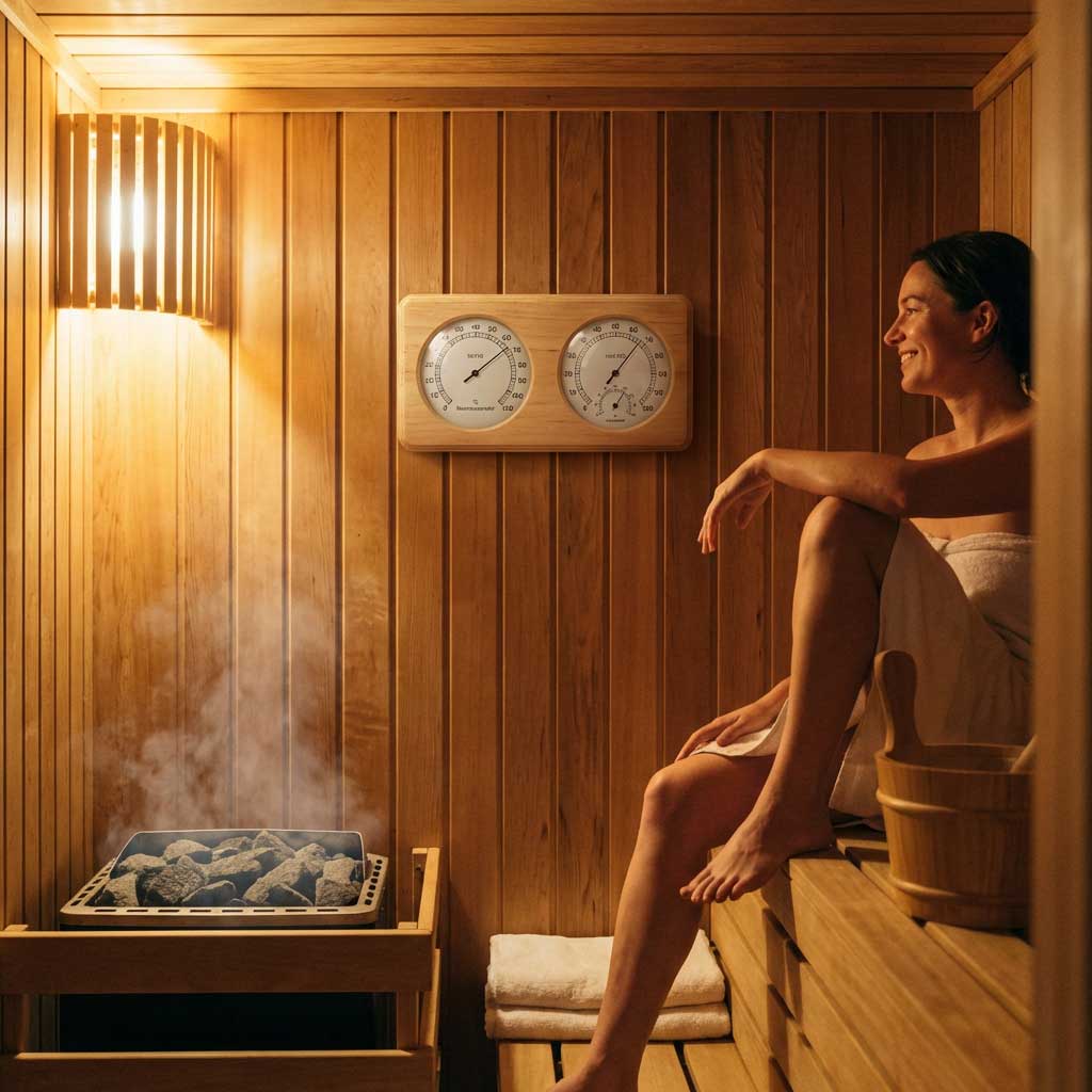 Innenansicht der Sauna mit Frau, Steinen und analogem Thermometer/Hygrometer-System auf Holzvertäfelung.