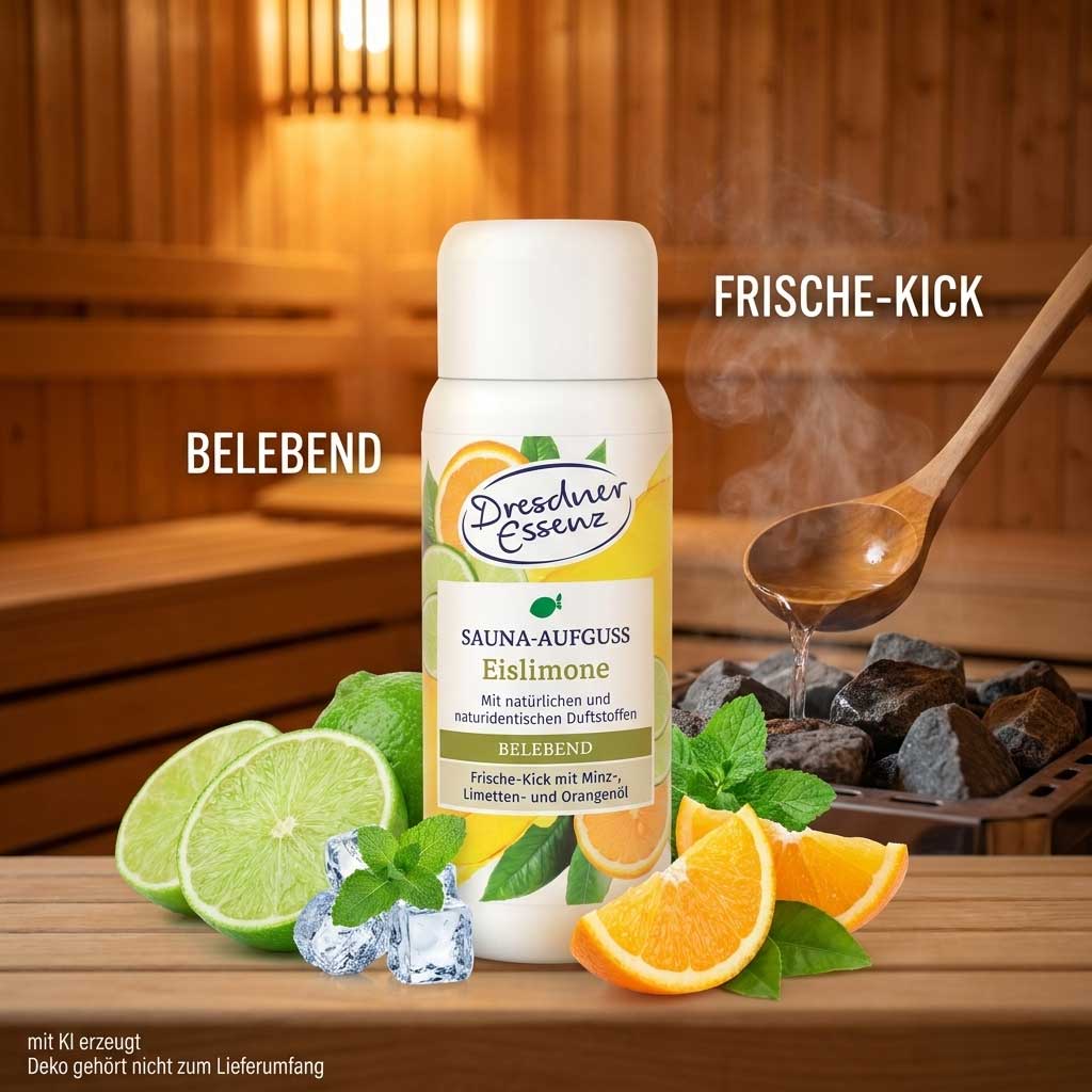 Eine Flasche Dresdner Essenz Saunaaufguss mit Limetten- und Orangenduft auf einer Holzoberfläche.