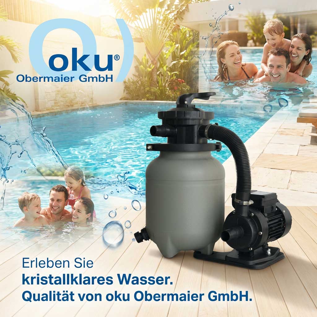 Poolfilteranlage mit Pumpe neben einem Swimmingpool.
