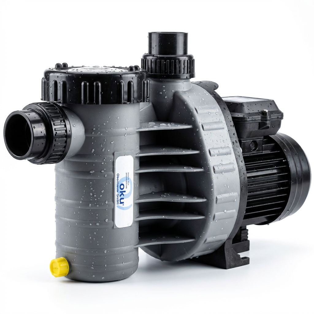 Graue Poolpumpe mit Wassertropfen und mehreren Anschlussanschlüssen.