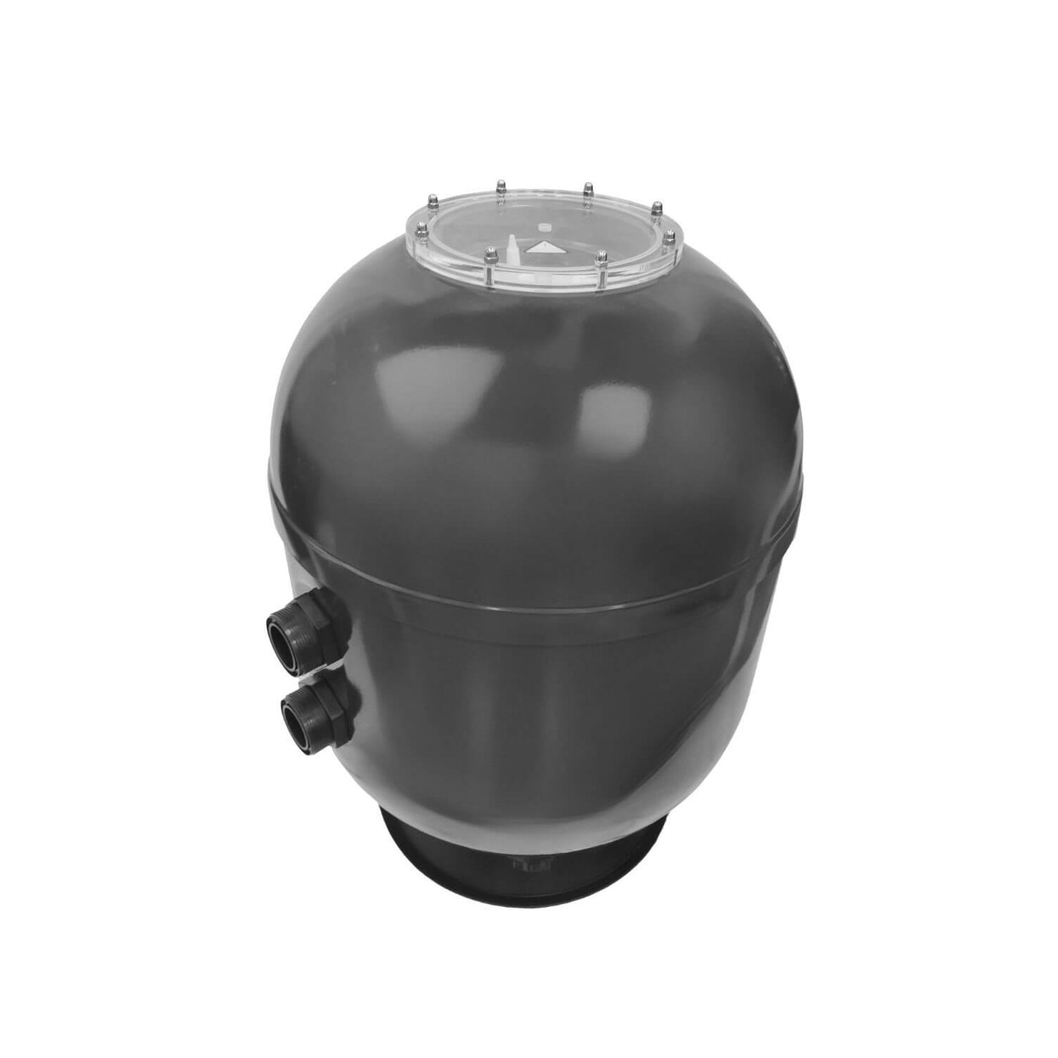Rundes schwarzes Poolfiltergehäuse mit transparentem Deckel.