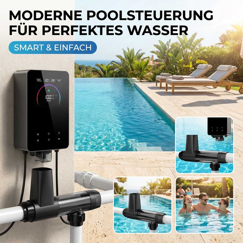 Modernes Poolsteuerungssystem mit digitaler Anzeige und Verrohrung.
