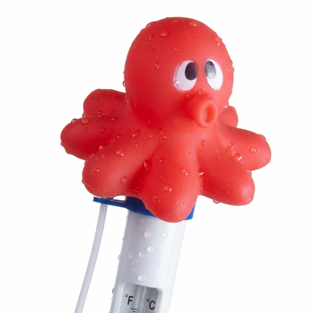 Rotes, oktopusförmiges Thermometer mit Wassertropfen auf weißem Körper.