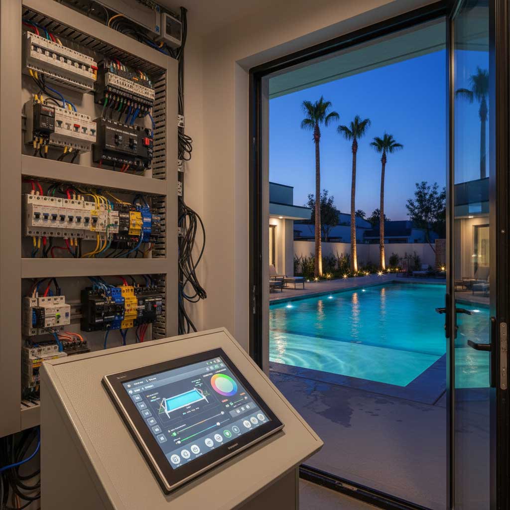 Pool-Bedienfeld mit elektrischen Komponenten und Touchscreen, mit Blick auf einen Swimmingpool.