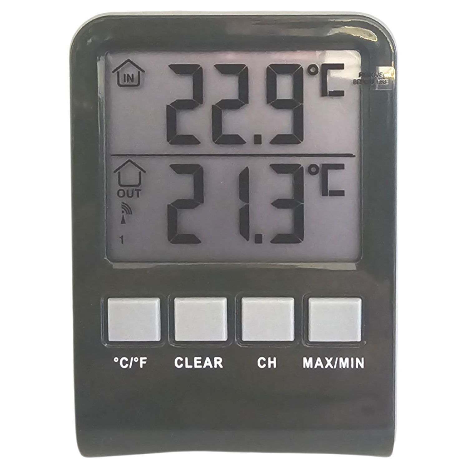 Digitales Thermometer, das die Innen- und Außentemperaturen auf einem schwarzen Display anzeigt.