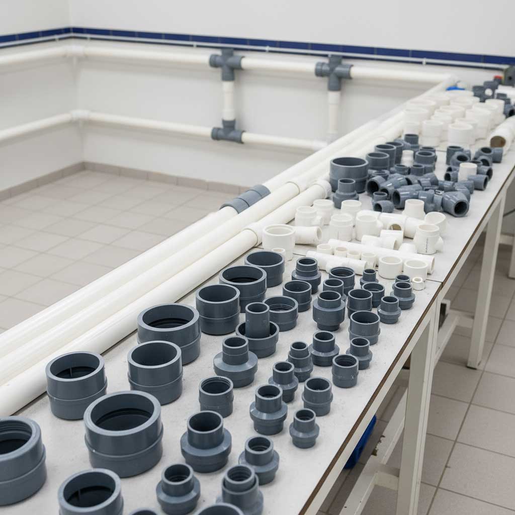 Das Bild zeigt eine Reihe von PVC-Rohren und -Formstücken, angeordnet in verschiedenen Größen und Formen auf einer weißen Oberfläche.
