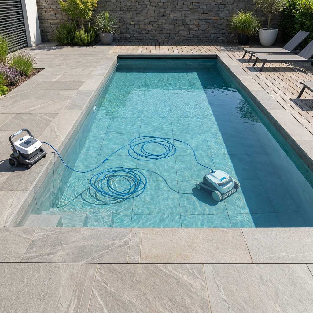 Das Bild zeigt einen rechteckigen, in den Boden eingelassenen Pool mit einem automatisierten Roboter-Poolreinigungssystem in Betrieb.