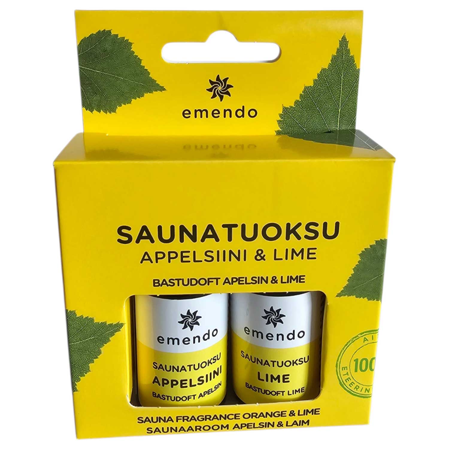 Zwei kleine Flaschen mit Sauna-Duftkonzentrat in einer gelben Produktverpackung.